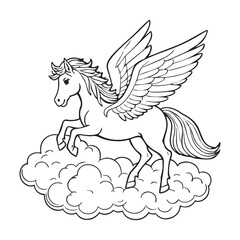 A lovingly drawn line art of a Pegasus with outstretched wings proudly standing on a cloud.