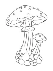 Black and white mushroom illustration for kids and adults coloring books. Fun and relaxing line art, perfect for nature-themed creative activities.