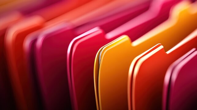 Vibrant color gradient of organized hanging files in a row showcasing a spectrum of red orange and pink hues.