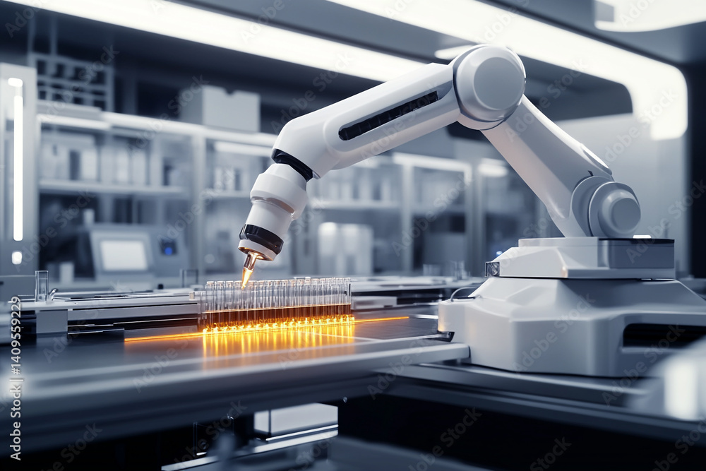 Poster robotic arm precisely handling test tubes glowing amber in a modern lab futuristic technology