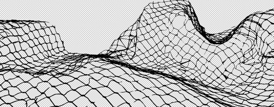 Isolated metal fence texture with broken wire mesh and holes highlighting the concept of freedom and security. Abstract design for backgrounds and illustrations