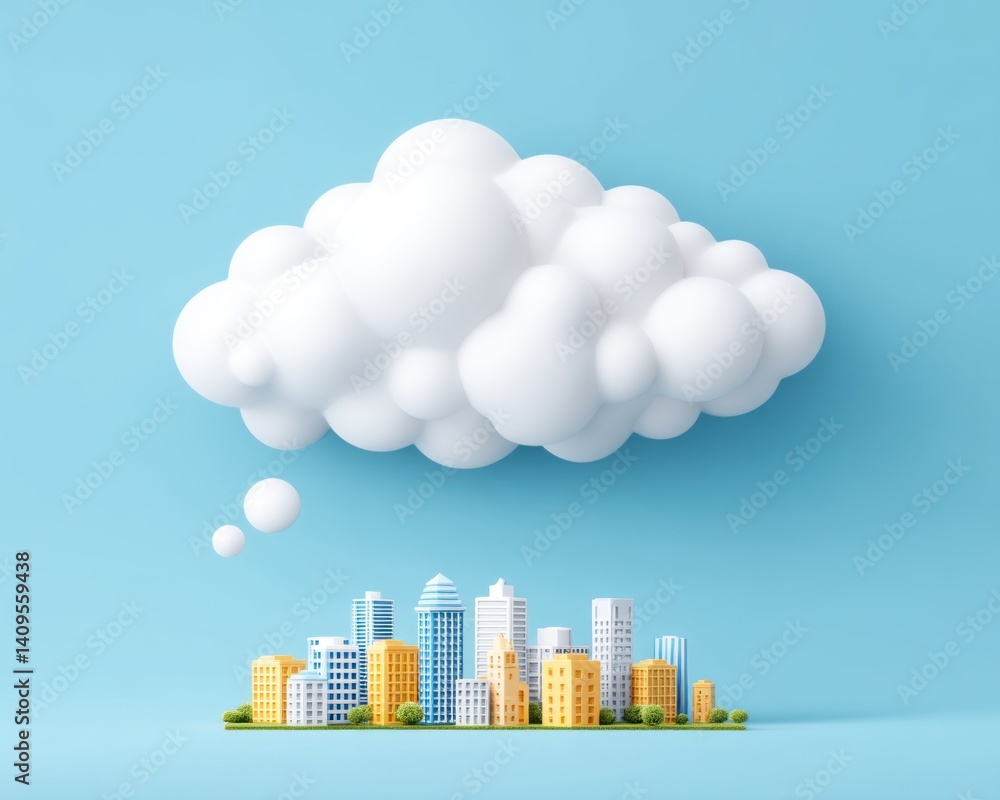 Poster a fluffy white cloud floats above a vibrant miniature city skyline symbolizing modern cloud computin