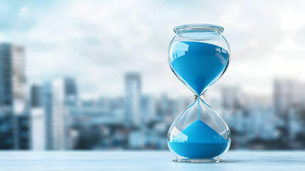 Time's Gentle Flow: An elegant hourglass filled with flowing blue sand is placed against a blurred backdrop of a modern city, capturing a moment of contemplation on the passage of time.