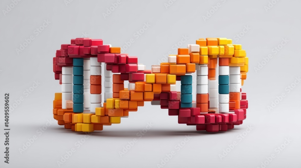 Fototapete A vibrant colorful DNA double helix model is constructed from small colorful blocks against a simple white background.