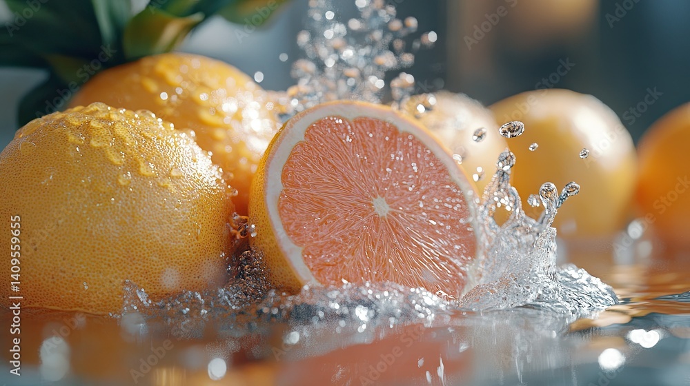 Poster fresh fruits and splashing water, created with generative ai technology for refreshing scenes