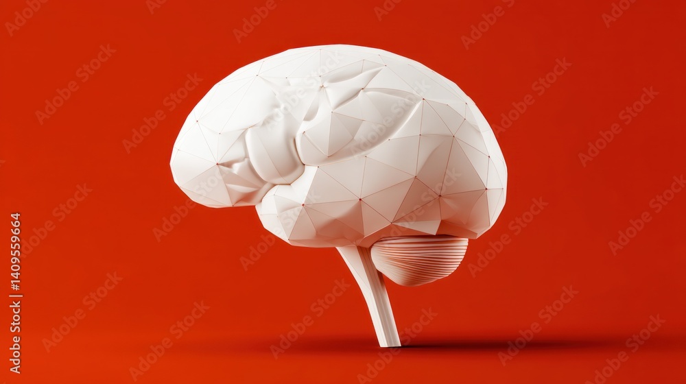 Aufkleber a low-poly white human brain model is showcased against a vibrant red background creating a striking
