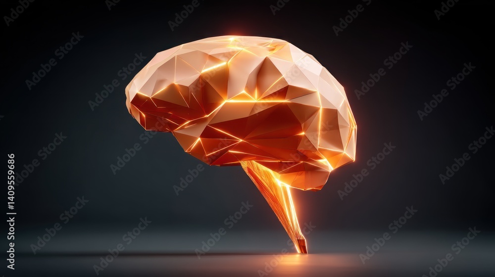 Aufkleber a glowing low-poly 3d model of a human brain illuminates against a dark background showcasing intric