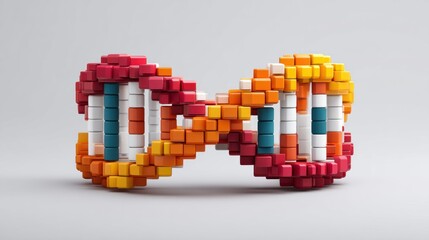 A vibrant colorful DNA double helix model is constructed from small colorful blocks against a simple white background.
