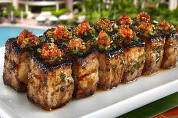 Grilled cubes of marinated meat, garnished with a spicy relish.
