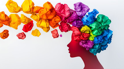 Color Burst Silhouette: A vibrant silhouette of a head, erupting with a cascade of colorful, textured paper, representing imagination, creativity, and a burst of ideas.