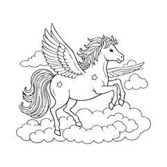 A lovingly drawn line art of a Pegasus with outstretched wings proudly standing on a cloud.