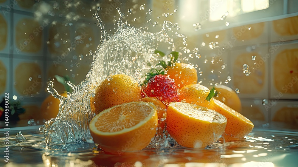Poster fresh fruits and splashing water, created with generative ai technology for refreshing scenes