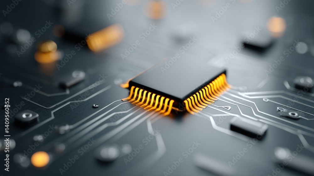 Fototapete A close-up detailed shot reveals a powerful central processing unit precisely placed on a complex technological circuit board.