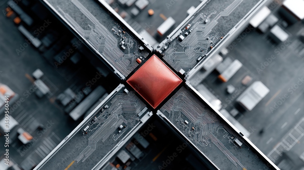 Poster An aerial view shows a central processing unit with transportation infrastructure crossing over it like a circuit board.