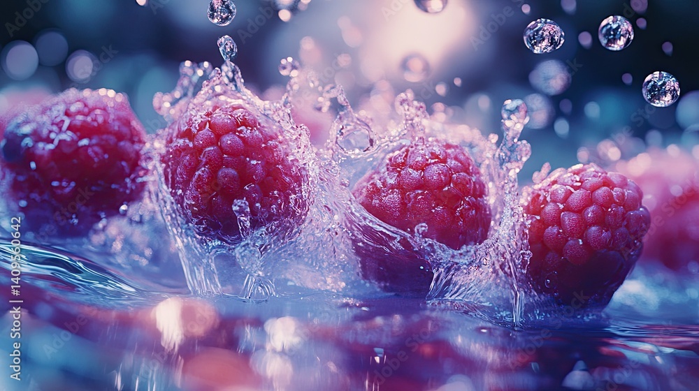 Poster fresh fruits and splashing water, created with generative ai technology for refreshing scenes