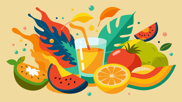 Brightly colored tails with tropical fruits and a splash of cacha a a Brazilian liquor complement the flavors of the various s of meat.. Vector illustration