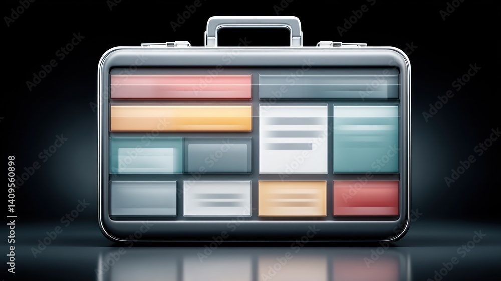 Leinwandbilder A sleek metallic briefcase displays a modern digital dashboard interface showcasing various colorful data blocks and information.