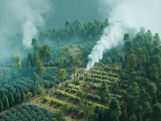 Lush landscape with smoke rising through the trees and figures walking along a path, blending nature and human activity.
