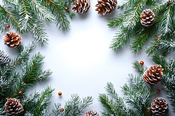 Winter Pine Branches and Pinecones on a White Background with Ornaments