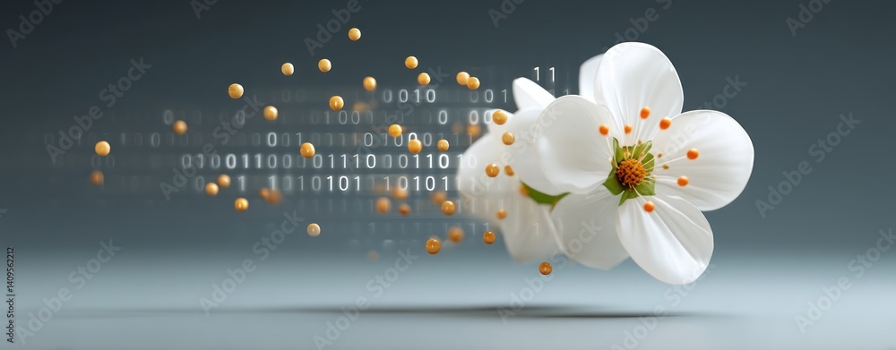 Poster a delicate white flower blossoms transforming into digital data bits in a futuristic technological s