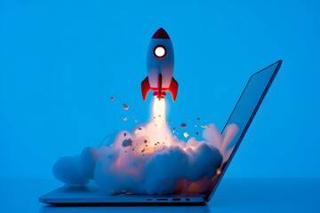 Rocket Launching from Laptop Symbolizing Startup and Innovation