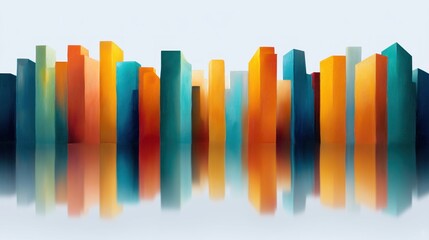 Obraz premium Abstract city skyline illustration with colorful buildings reflecting in water creating a vibrant urban landscape design.