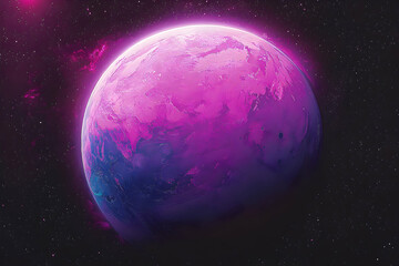 A vibrant, pink and purple, stylized representation of Earth in space.