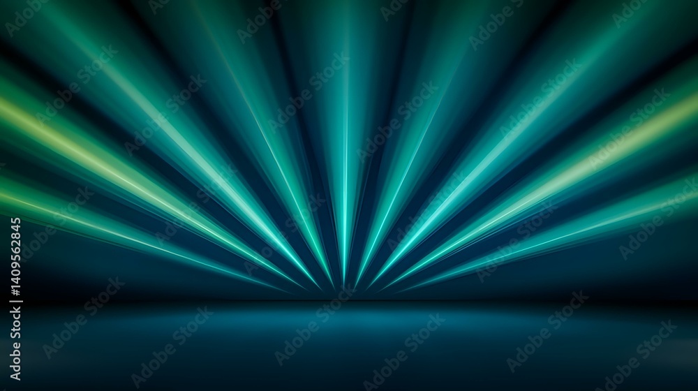 Poster the image contains abstract teal and green light rays emanating from a central point, converging tow