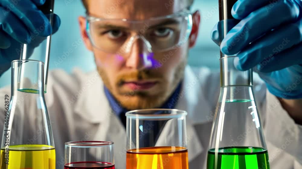 Poster chemical research scientist conducting experiments with colorful reagents in a laboratory setting, c