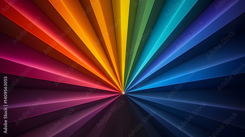 Poster the image contains a radiating pattern of colorful stripes, resembling a burst of light or a spectru