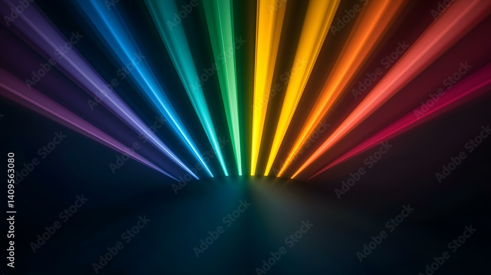 Poster vibrant, multicolored rays of light converge in a dark space, creating a dynamic and colorful abstra