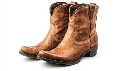 A pair of worn brown leather cowboy boots.
