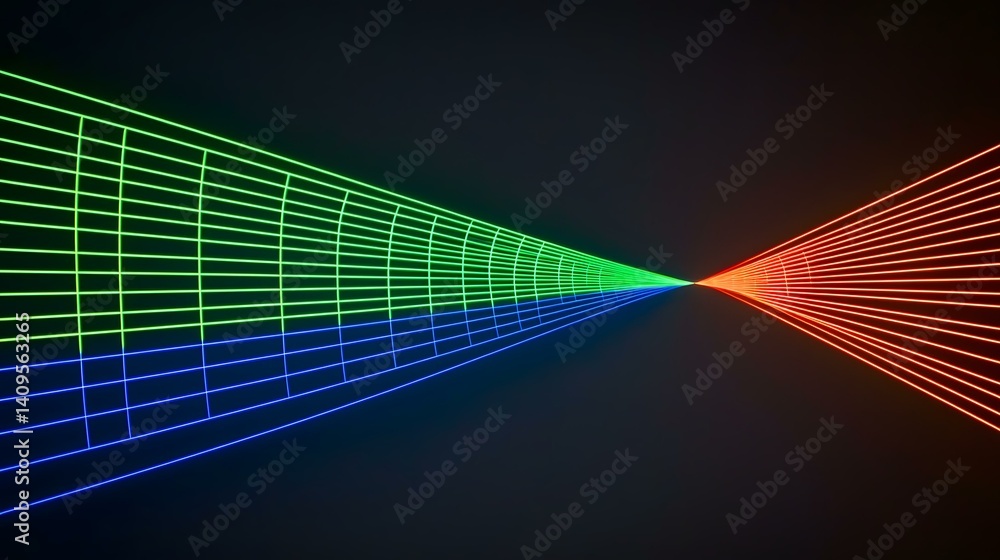 Poster the image shows a dark background with vibrant green, blue, and orange laser lights forming grid-lik