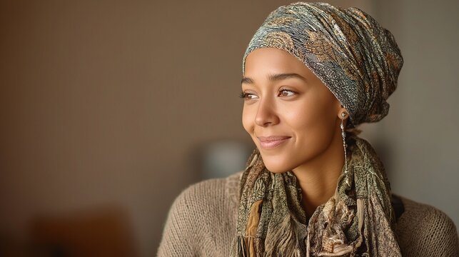 Young Biracial Woman in Headscarf Smiling Softly in Natural Light - Powered by Adobe