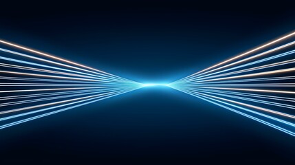 The image contains multiple bright blue and orange lines converging towards a central point in the distance, creating a perspective effect on a dark blue background.