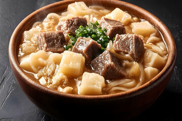 Steaming bowl of hearty beef noodle soup.