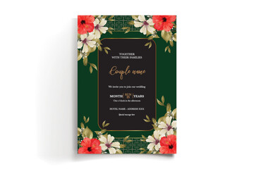 WEDDING INVITATION FRAME WITH FLOWER DECORATIONS AND FRESH LEAVES