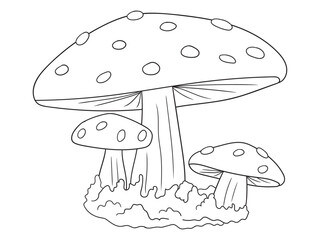 Black and white mushroom illustration for kids and adults coloring books. Fun and relaxing line art, perfect for nature-themed creative activities.