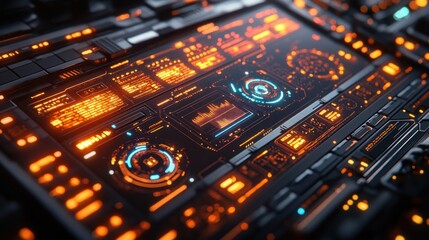 Futuristic Tech Interface:  A 3D Render of a Sleek, Orange and Blue Digital Dashboard