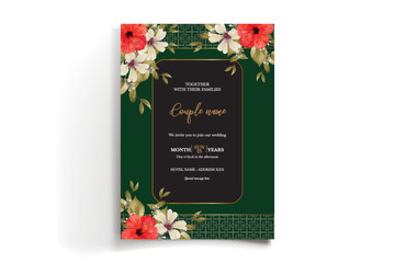 WEDDING INVITATION FRAME WITH FLOWER DECORATIONS AND FRESH LEAVES