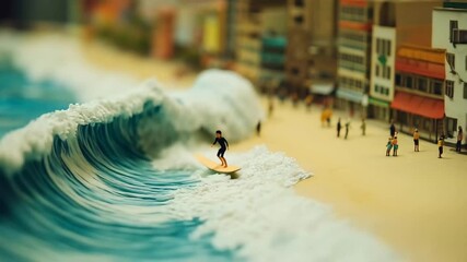 A creative diorama featuring a tiny surfer riding a stylized wave near a bustling beachside city, blending urban energy with ocean adventure in a playful miniature world.