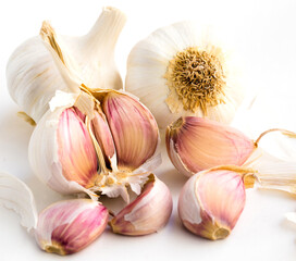 Garlic heads and cloves on white background