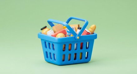 Fototapeta premium Colorful shopping basket filled with various groceries arranged on a light green background