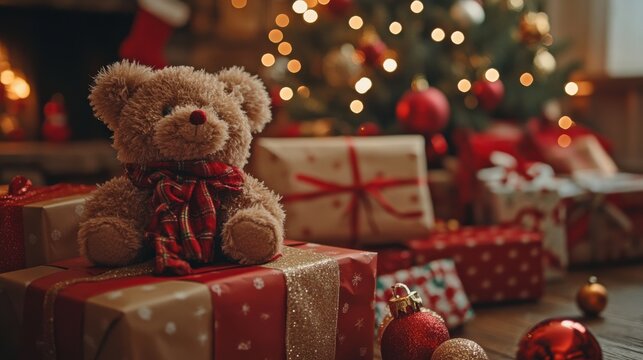 Cozy holiday scene with teddy bear surrounded by gifts and a beautifully adorned Christmas tree