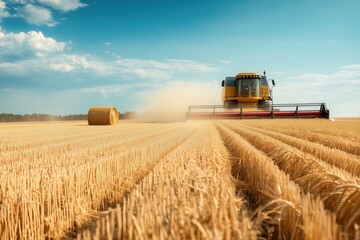 Obraz premium A massive combine harvester working through a golden wheat field, kicking up dust as it collects the crops.