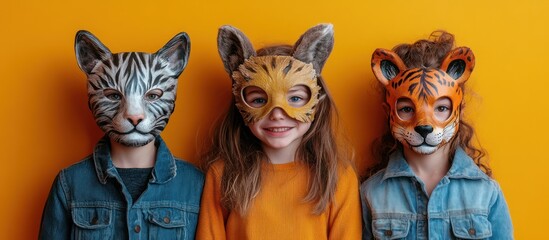 Kids wear animal masks, yellow background