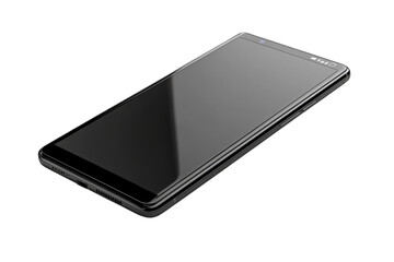 Sleek black smartphone angled view dark background reflecting light modern on transparent background