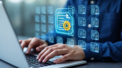 Legal document automation and business process automation BPA. Document automation solutions. Businessman using laptop computer to automate document creation.	
