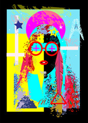 Abstract Portrait of a women with Glasses. The image features a stylized portrait of a woman with a bold, graphic style. Her face is partially obscured by a pink hat and large and round red glasses 