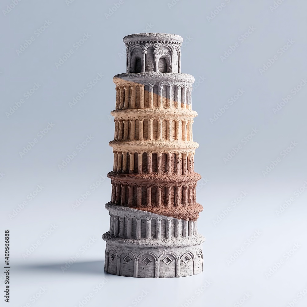 Poster a unique sculpture resembling a tower with layered architectural features, showcasing intricate desi